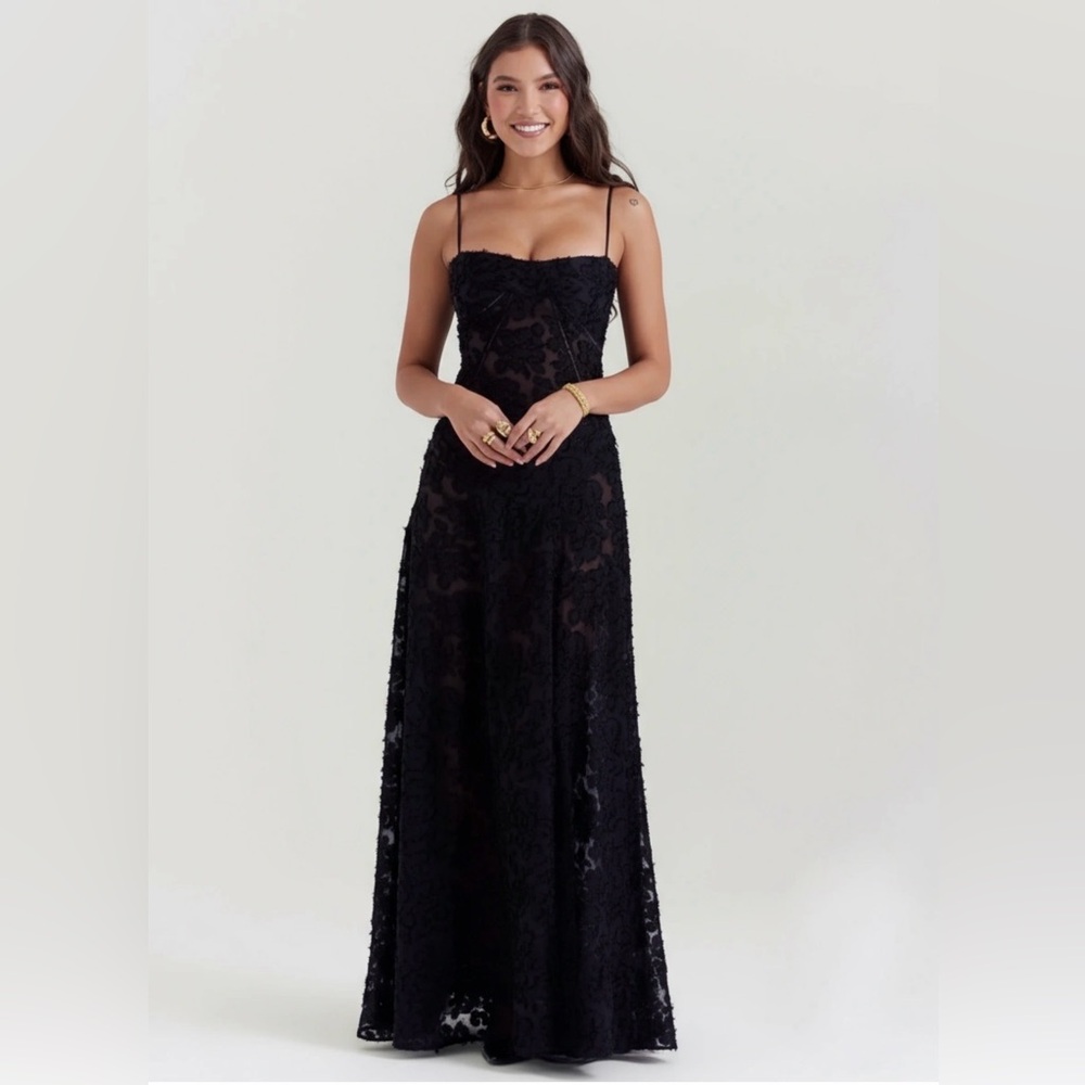 HOUSE OF CB 'Seren' Black Floral Lace Back Maxi Dress /Size M